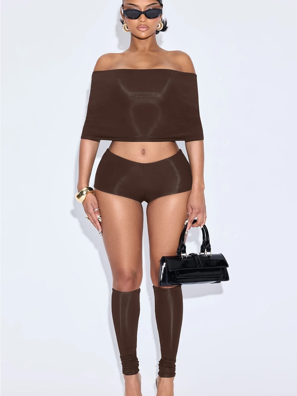 Fashion Nova Ayden Chocolate Off-Shoulder Top + Shorts Set — NWT Size S - Picture 4 of 4